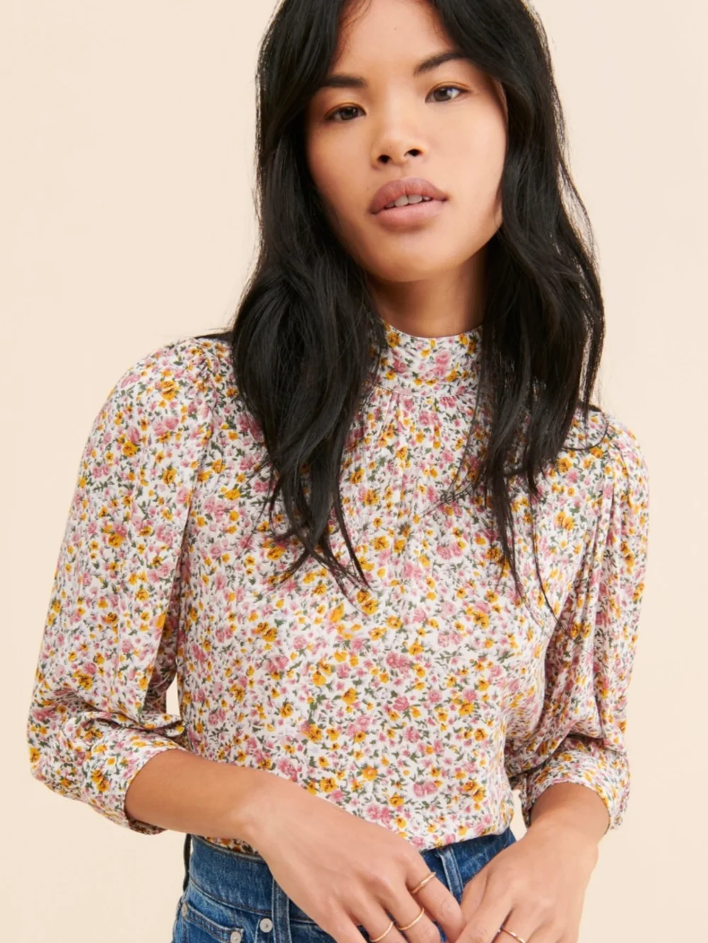 Free People Puff Sleeve Mock Neck Three Quarter Length Cuffed Sleeve Blouse L